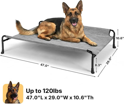 Veehoo Outdoor Elevated Dog Bed, Extra Large Raised Dog Bed with Headrest Sides, Washable Cooling Dog Cot with Non-Skid Feet, Breathable Mesh, Pet Hammock for Indoor or Camping, 47", Black Silver