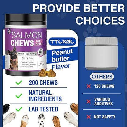 Omega 3 Skin and Coat Supplement for Dogs 200 Chews Dog Fish Oil Supplements with EPA & DHA Fatty Acids Dry Skin Relief for Dogs Shedding Allergy Itching Promotes Heart Hip Joint(Peanut Butter)