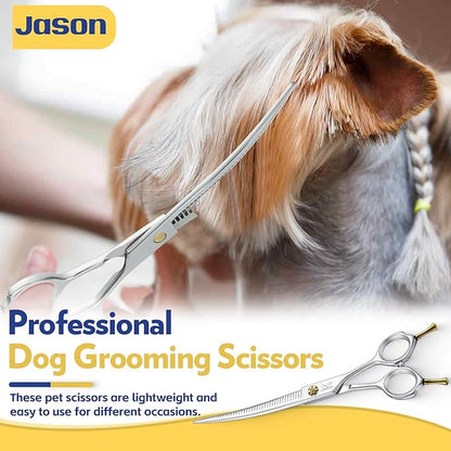 JASON 7" Dog Grooming Scissors - Up-curved Thinning Shears with 25%-30% Thinning Rate, Japanese 440C Stainless Steel Dog Blenders for Grooming with Adjustable Screw (32 Teeth, Silver) Christmas Gift