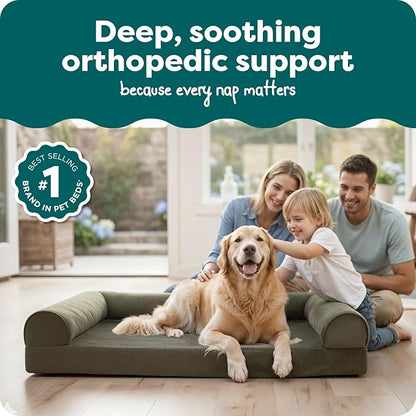 Furhaven Orthopedic Dog Bed for Large Dogs w/ Removable Bolsters & Washable Cover, For Dogs Up to 95 lbs - Faux Fur & Velvet Sofa - Dark Sage, Jumbo/XL