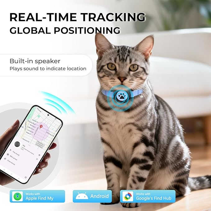 1 Pack GPS Cat Tracker Collar(iOS & Android), Bluetooth Mini GPS Dog Tracker, Smart Pet Activity Tracker, No Monthly Fee, Work with Apple Find My & Google Find Hub, Finder Tag for Pets,Items