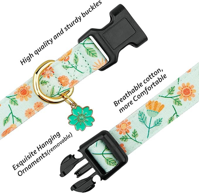Cotton Handmade Dog Collar Cute and Distinctive Patterns Green Sunflower with Pendant for Girl Boy Dogs Collars M