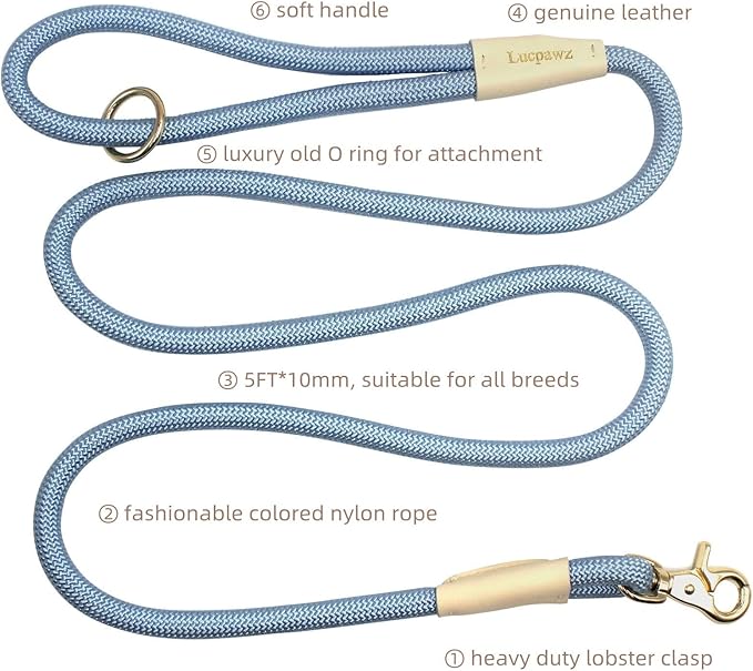 Lobster Snap Pet Leash 5FT, Special Strong Nylon Rope Dog Leash, Solid Color Rope Dog Lead for All Breeds (Grey, 5ft *10mm)