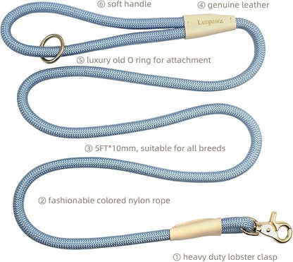 Lobster Snap Pet Leash 5FT, Special Strong Nylon Rope Dog Leash, Solid Color Rope Dog Lead for All Breeds (Grey, 5ft *10mm)