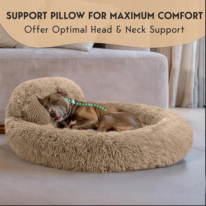 PetJett Calming Large Dog Bed - 36'' Donut Dog Beds, Anti-Slip & Washable Large Round Bed, Fluffy Faux Fur Pet Bed, Super Soft Anti-Anxiety Premium Comfort Bed, Fits Dogs up to 80 lbs - Beige