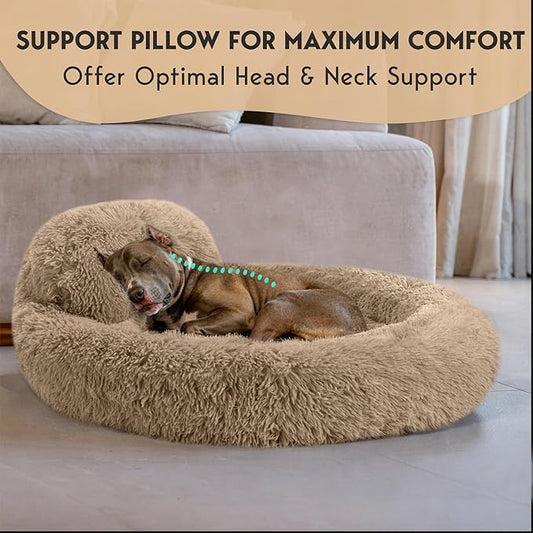 PetJett Calming Large Dog Bed - 36'' Donut Dog Beds, Anti-Slip & Washable Large Round Bed, Fluffy Faux Fur Pet Bed, Super Soft Anti-Anxiety Premium Comfort Bed, Fits Dogs up to 80 lbs - Beige