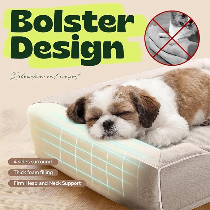 hush bone 28 Inch Orthopedic Dog Couch Bed for Medium Dogs Up to 30 lbs,Cooling Gel Memory Foam + Egg Crate Foam,Waterproof Removable Washable Cover,4-Sided Bolster,Non-Slip Bottom,Beige