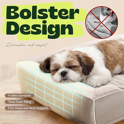 hush bone 28 Inch Orthopedic Dog Couch Bed for Medium Dogs Up to 30 lbs,Cooling Gel Memory Foam + Egg Crate Foam,Waterproof Removable Washable Cover,4-Sided Bolster,Non-Slip Bottom,Beige