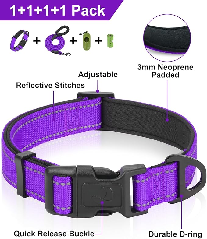 Dynmeow Reflective Dog Collar and Leash Set, 6FT Strong Climbing Rope Leash with Padded Handle, Adjustable Pet Collar with Soft Neoprene Padding for Large Dogs, Purple, L
