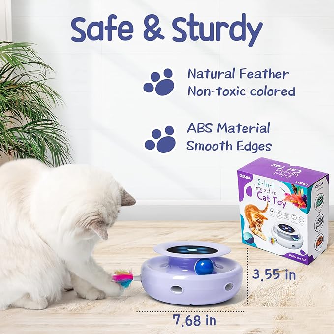 ORSDA Cat Toys, 2-in-1 Interactive Cat Toys for Indoor Cats, Automatic Cat Toy Balls, Mice Toys Ambush Feather Kitten Toys with 7pcs Attachments, Dual Power Supplies, Adjustable Speed, Auto On/Off