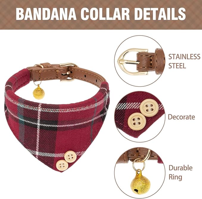 KOOLTAIL Small Dog Collar and Leash Set with Bowtie and Bells - Cute Puppy Bandana Collar and Leash for Female with Classic Plaid Pattern,Soft Leather Tangle Free Leashes for Small Dogs Boys Girls,Red