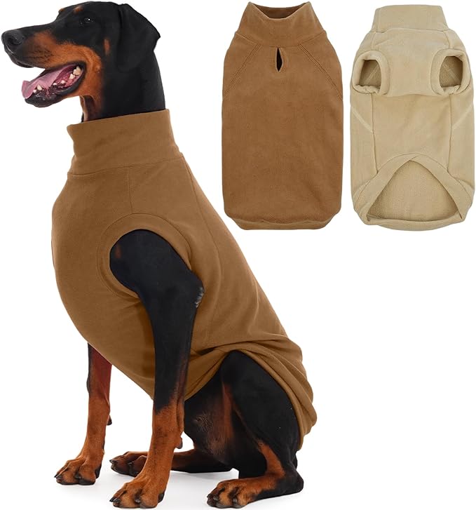 IECOii 2 Pack 4XL Warm Fleece Dog Coats for Doberman - Stretchy Winter Sweaters for Large Dogs, Soft Sweatshirts for Cold Weather Walking, Hiking, Machine Washable (Size 4XL, Dark Brown & Light Brown)