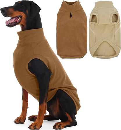 IECOii 2 Pack 5XL Fleece Dog Sweater Warm Stretchy Large Sweatshirts with Harness Hole, Vest for Cold Weather Outdoor Walking, Hunting, Machine Washable (Size 5XL, Dark Brown & Light Brown)