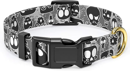 Rnivvi Dog Collar for Medium Dogs, Cute Heavy Duty Adjustable Puppy Collar with Quick Release Buckle for Girl & Female, Pet Accessories for Walking Running, M Length 1" Width, Black Skull