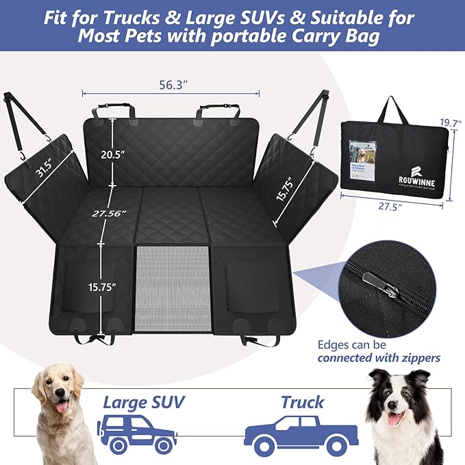 ROUWINNE Back Seat Extender for Dogs Truck-Large Space, Dog Pet Seat Cover Back Seat Hard Bottom Holds 420lbs, Waterproof Dog Hammock for Crew Cab Trucks F150, RAM1500, Sierra, Tundra, Silverado