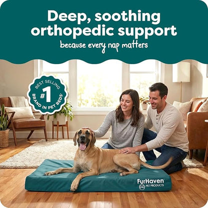 Furhaven Water-Resistant Orthopedic Dog Bed for Large Dogs w/ Removable Washable Cover, For Dogs Up to 125 lbs - Indoor/Outdoor Logo Print Oxford Polycanvas Mattress - Deep Lagoon, Jumbo Plus/XXL
