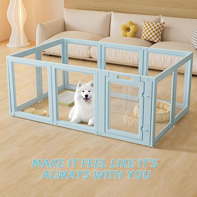 LoveTail DIY Clear Acrylic Dog Playpen House,Quick Easy Assembly and Disassembly,Strong Floor Suction,Indoor and Outdoor Use,Easy Cleansing Puppy Fence (Sky Blue, 30.3" H, 8PCS)
