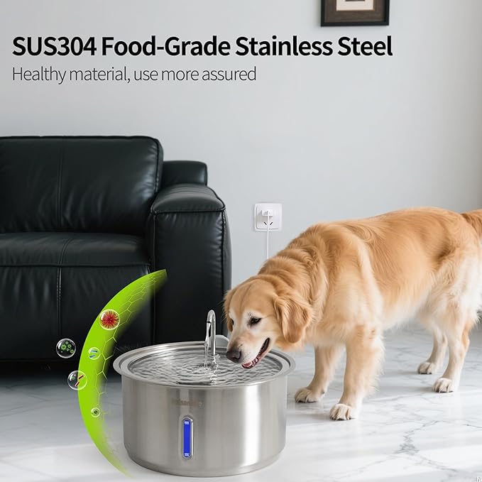 Petsamuse Dog Water Fountain, 11L/2.8Gal Quiet Dog Fountain Water Bowl with Visible Window Stainless Steel Dog Water Fountain with 2 Spray Modes and 15 Fliters for Large Medium Small Dogs Pets