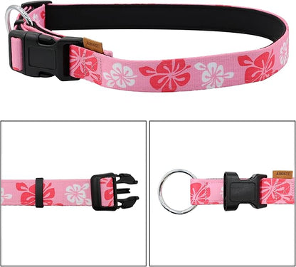 Dog Collar, Cute Floral Pattern, Neoprene Padded and Adjustable Collar with Quick Release Buckle, Reinforced Structure (L (Neck 18-28", Width 1"), Hawaiian Pink)