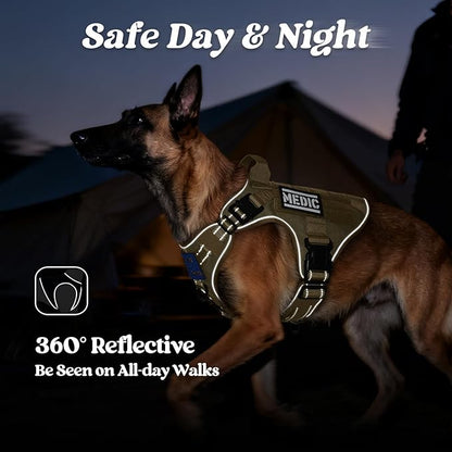 rabbitgoo Tactical Dog Harness Medium Sized, No Pull Upgraded Reflective Heavy Duty Molle Vest with Handle, Adjustable Military Service Dog Vest for Walking Hiking Training, Brown, M