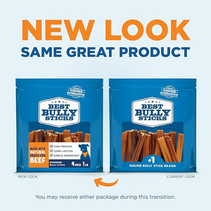 Best Bully Sticks 4 Inch Bully Sticks - 16 oz (Pack of 1) - 100% Natural Grass-Fed, Grain and Rawhide Free, Ideal for Small or Young Canines
