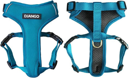 DJANGO Adventure Dog Harness - Stylish & Durable Medium Dog Harness for Outdoor Adventures and Everyday Wear - Pacific Blue Neoprene Adjustable Harness for Dogs with Reflective Piping, Brass D-Ring