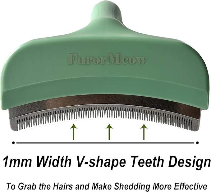 FurorMeow Pet Deshedding Tool with Curve Blade, Cat Grooming Brush, Tight V-shaped Teeth Shedding Comb for Cats and Dogs (Green, Large)