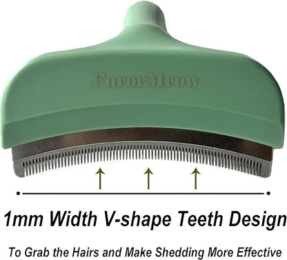 FurorMeow Pet Deshedding Tool with Curve Blade, Cat Grooming Brush, Tight V-shaped Teeth Shedding Comb for Cats and Dogs (Green, Large)