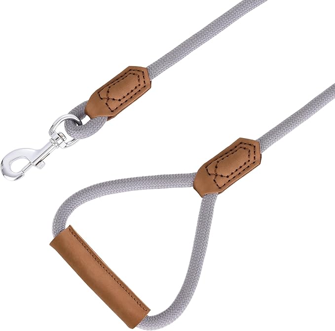 Mile High Life | Premium Leather Dog Leash | Strong Rope Leash | Leather Handle | Zinc Alloy Strong Clasp | Small Medium Large Dogs | 4/5/6 Feet(Gray Yellow, 48 Inch (Pack of 1))