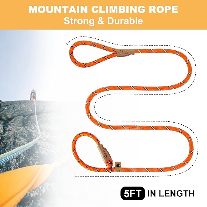 5 FT Slip Lead Dog Leash, Heavy Duty Rope Leash for Small Medium Large Dogs, No Pull Training Lead with Reflective Thread, Strong Comfortable Loop Leash (Orange Stripe, Medium(3/8"))