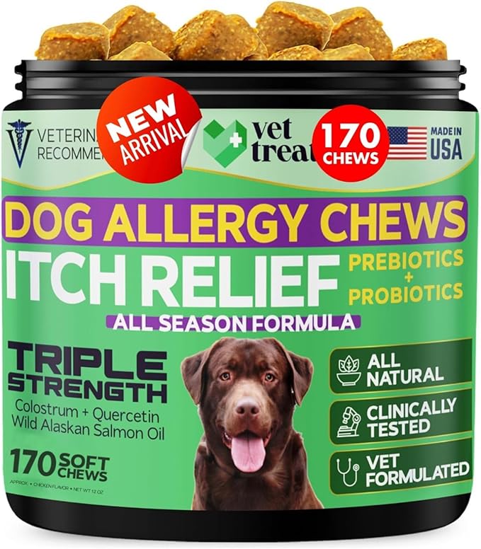 Vet Treat Dog Allergy Relief Chews - 170 Dog Allergy Chews - Itch Relief for Dogs - Anti Itch for Dogs - Dry & Itchy Skin - Allergies & Immune Support Supplement, Omega 3 Fish Oil, Colostrum - USA