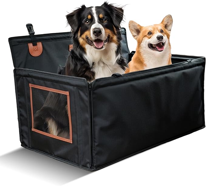 Large Dog Car Seat Medium Sized Dog or 2 Small Dogs. Hard Bottom, Dual Adjustable Seat Belt Leash, Waterproof, Breathable Mesh Sides. Back Seat Pet Cover for Dogs 29.5"X19.7"X19.7"