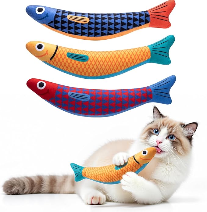 PetBusy Interactive Cat Toys with[5000mg Premium A+Catnip][Baby Grade] Soft Chew Kicker Cat Toys for Indoor Cats & Kittens, Crinkle &Rattle Fish Sound Toy, Drives Bored Cats Crazy with Fun,3 Pack
