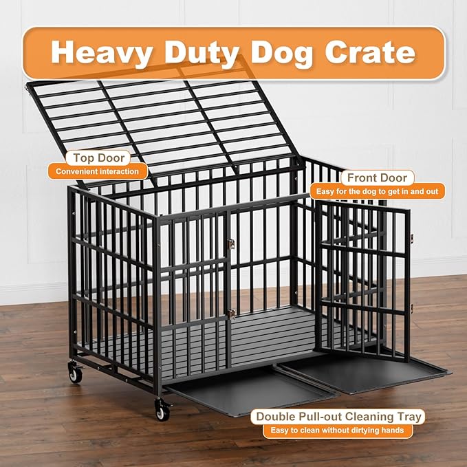 HMHTCT 48 Inch Heavy Duty Dog Crate with Wheels,Indestructible Escape-Proof Dog Kennel with Locking Latch and Double Door,Extra Large XL XXL Crate Indoor for Large and Medium Dog with Removable Tray