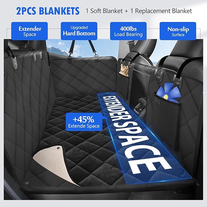 ROUWINNE Back Seat Extender for Dogs-with Removable Soft Blankets, Hard Bottom Dog Car Seat Cover for Back Seat, Sturdy Backseat Extender for Dogs, Waterproof Dog Hammock for Car, SUV
