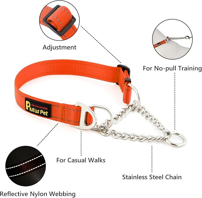 Plutus Pet Martingale Dog Collar with Stainless Steel Chain and Reflective Nylon, Adjustable No Pull Training Collar, for Small Medium, and Large Dogs, Orange, S