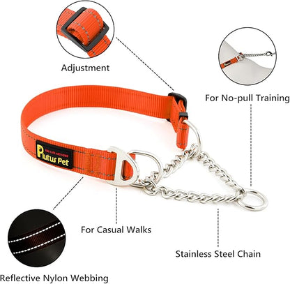 Plutus Pet Martingale Dog Collar with Stainless Steel Chain and Reflective Nylon, Adjustable No Pull Training Collar, for Small Medium, and Large Dogs, Orange, M