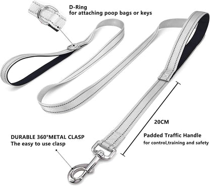 6 FT Dog Leash with 2 Padded Handle Nylon Reflective Dogs Leashes for Small Medium Large Dogs Silver