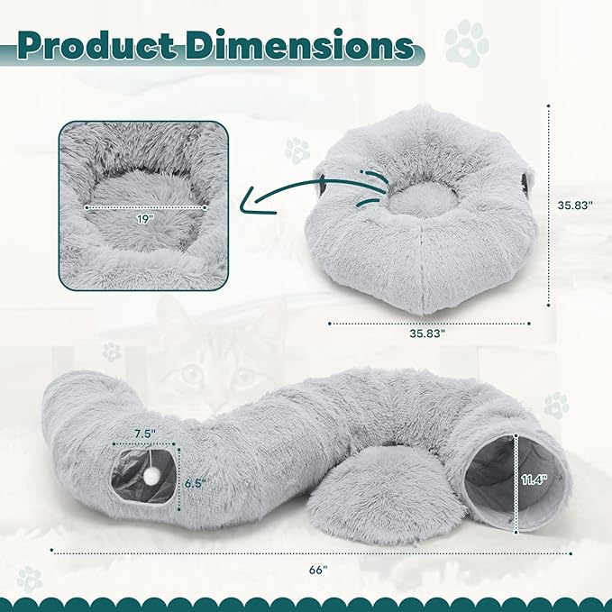 DUMOS Cat Tunnel Bed for Indoor Cats Cave Donut Play Tunnel with Soft Plush Peekaboo, Circle Cushion, Washable Multifunctional Playground Under Tree Pet Toys for Kittens, Puppy Rabbit, Ferret - Grey