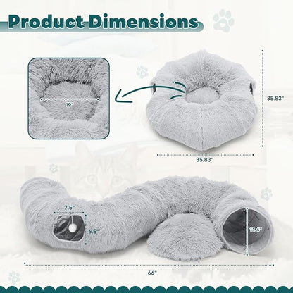 DUMOS Cat Tunnel Bed for Indoor Cats Cave Donut Play Tunnel with Soft Plush Peekaboo, Circle Cushion, Washable Multifunctional Playground Under Tree Pet Toys for Kittens, Puppy Rabbit, Ferret - Grey
