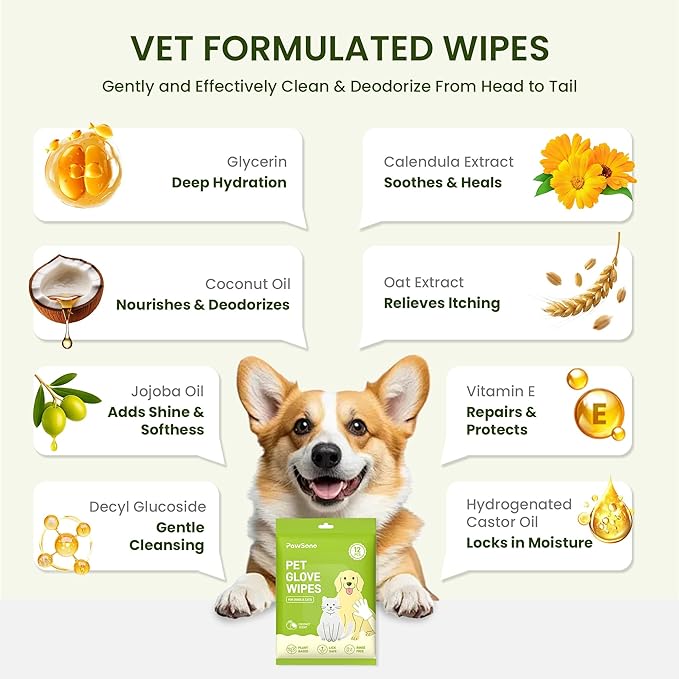 12PCS Hypoallergenic Pet Glove Wipes for Dogs & Cats - Quick Clean & Deodorizing Between Baths & Travel | Dog Washing Wipes for Fur, Butt, Paws, Eyes & Ears |Cat Cleaning Gloves for Grooming & Bathing