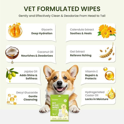 12PCS Hypoallergenic Pet Glove Wipes for Dogs & Cats - Quick Clean & Deodorizing Between Baths & Travel | Dog Washing Wipes for Fur, Butt, Paws, Eyes & Ears |Cat Cleaning Gloves for Grooming & Bathing