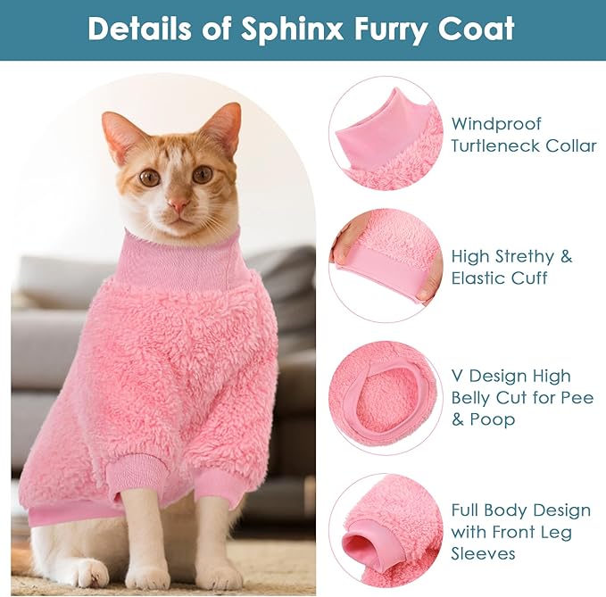 SUNFURA Sphynx Cat Sweater, Hairless Cats Turtleneck Pullover Kitten Sweaters for Cats Only, Warm and Soft Cat Pajamas Shirt with Sleeves Pet Winter Clothes Fleece Jumpsuit for Puppy, Pink M