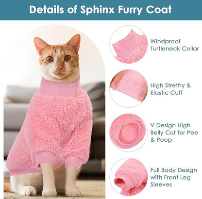 SUNFURA Sphynx Cat Sweater, Hairless Cats Turtleneck Pullover Kitten Sweaters for Cats Only, Warm and Soft Cat Pajamas Shirt with Sleeves Pet Winter Clothes Fleece Jumpsuit for Puppy, Pink S