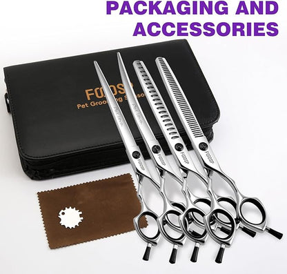 Dog Grooming Scissors Kit 7.5 in Professional Curved Thinning Straight Chunker Shears Grooming Big Dogs Poodle Pet Japan 440C Stainless Steel(7.5'',Kit)