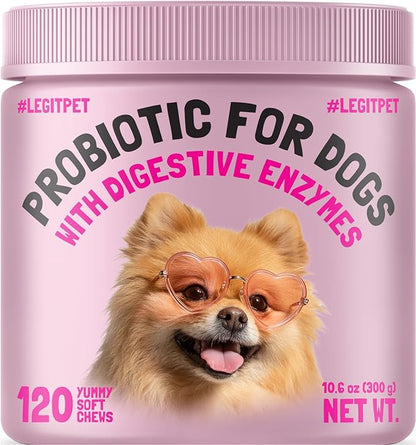 Probiotics for Dogs Natural Digestive Enzymes Prebiotics for Allergy Itch Relief Gut Flora Coprophagia Bowel Support Treatment Anti Diarrhea for Dogs Pet Health Immune System Support 120 Soft Chews