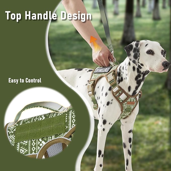 Service Dog Vest Harness with 2 Velcro Patches, No Pull Dog Harness for Walking Training Hiking, Metal D-Rings Easy on/Off Neck Buckle Reflective Strips Soft Padded Handle, Green