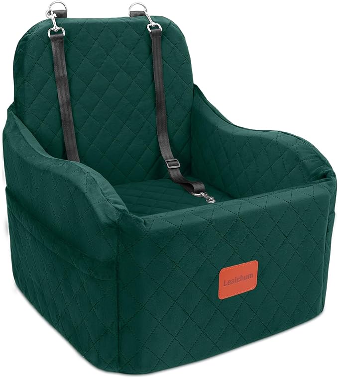 Lealchum Dog Booster Car Seat for Small/Medium Dogs,6in Elevated Cushion,Fully Detachable and Washable,2 Storage Pockets & 3 Straps,Fits in Front/Back Seat,Easy to Install (Green,Medium)