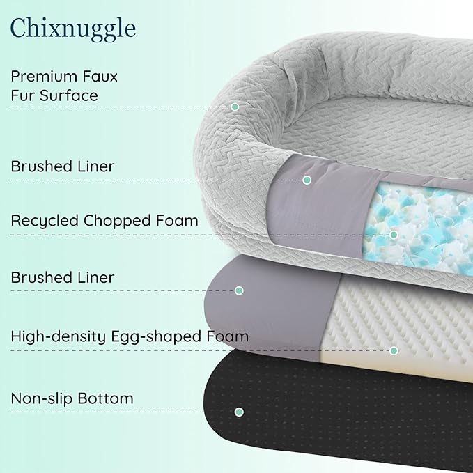Human Dog Bed for Adult - Luxury Faux Fur Giant Size Dog Bed with Portable Handle, Egg Orthopedic Foam with Blanket, 72"x40"x10", Light Grey
