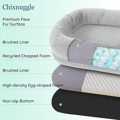 Human Dog Bed for Adult - Luxury Faux Fur Giant Size Dog Bed with Portable Handle, Egg Orthopedic Foam with Blanket, 72"x40"x10", Light Grey